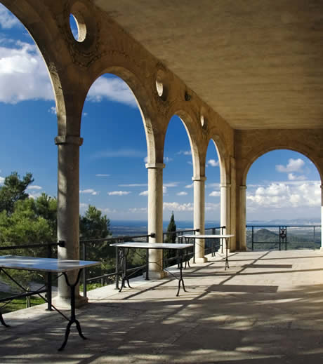 View of a covered patio overlooking part of the spanish island of majorca photo